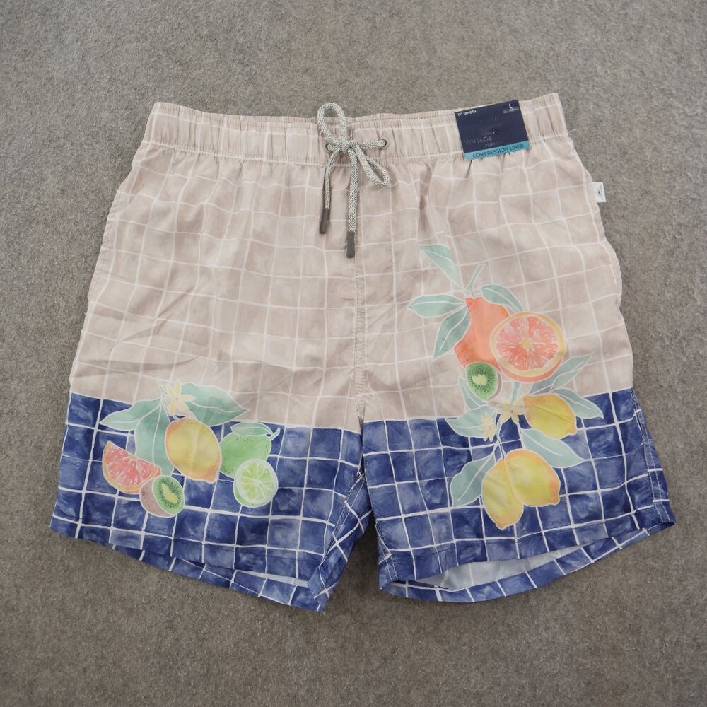 Vintage Summer Board Shorts Mens Large Beige Blue Swim Surf Floral New